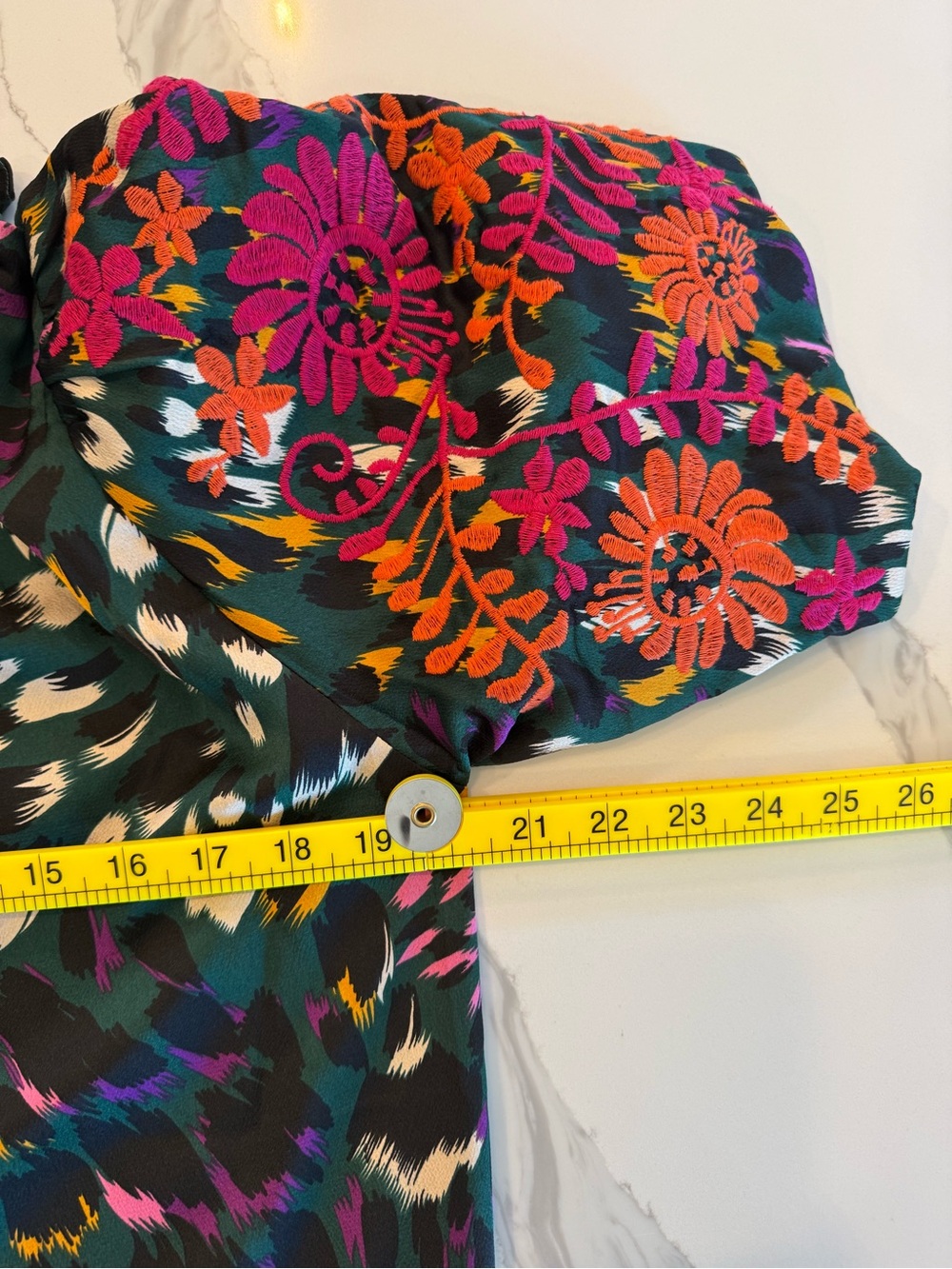 THML Hunter Green Print Mock Frill Neck Embroidered Sleeve Top - Picture 12 of 12